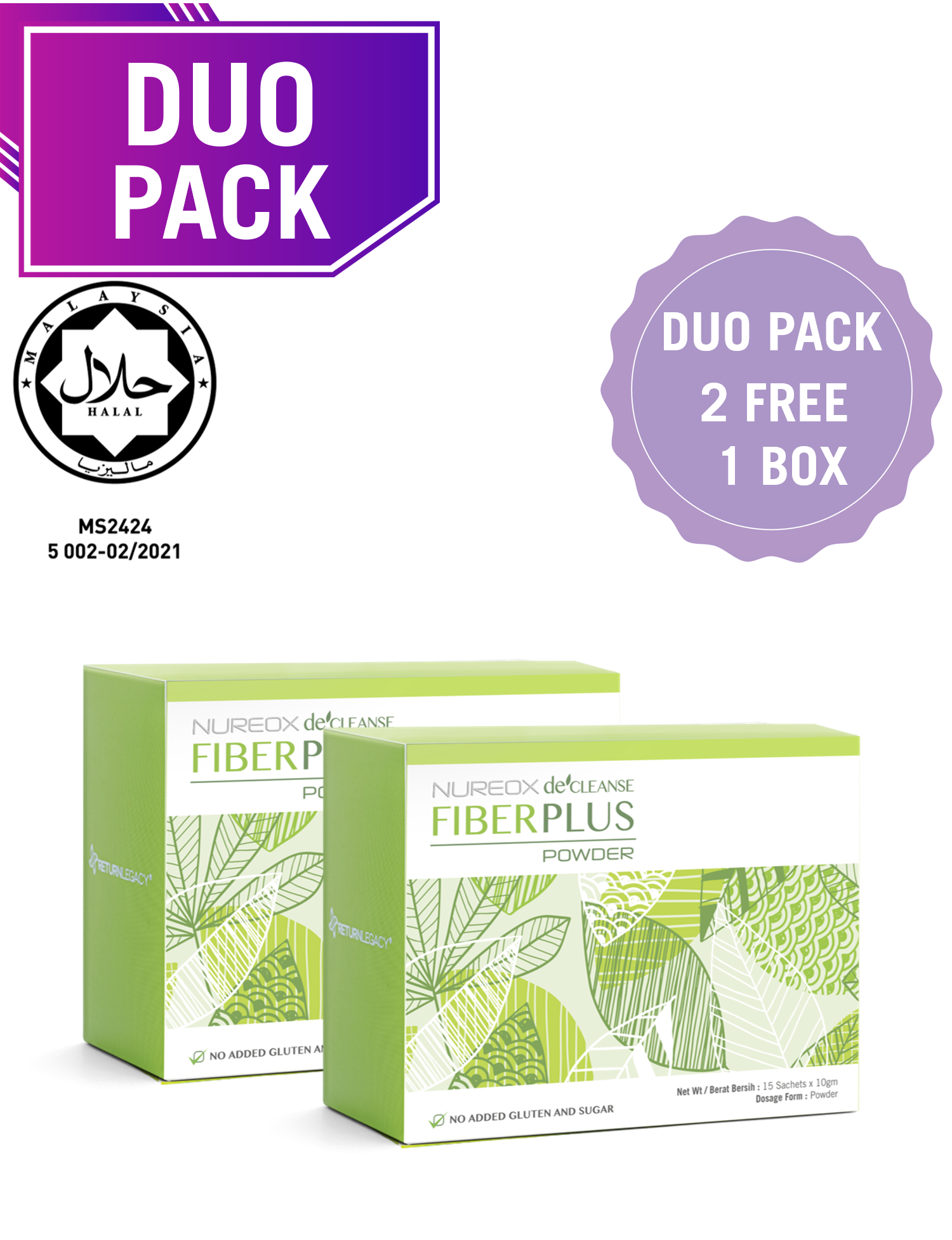 NUREOX de’ Cleanse Fiber Plus Powder (2 DUO PACK FREE 1 Box)